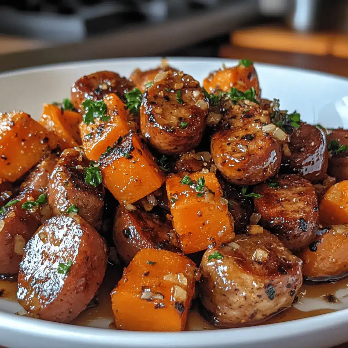 Sausage and Sweet Potatoes with Honey Garlic Sauce