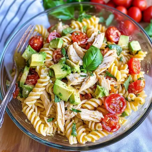 Healthy Chicken Pasta Salad with Avocado, Tomato, and Basil