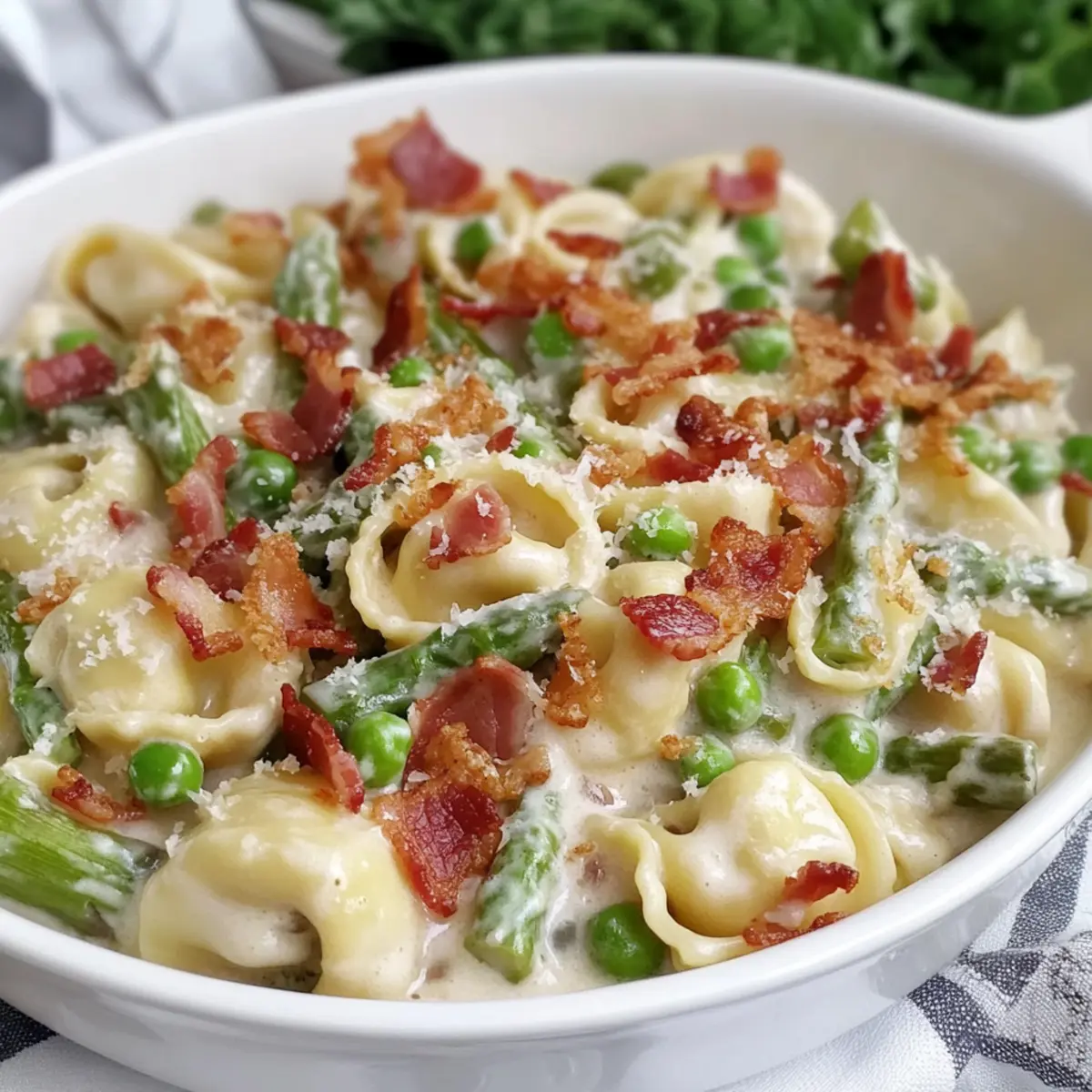Creamy Tortellini with Peas Asparagus and Bacon