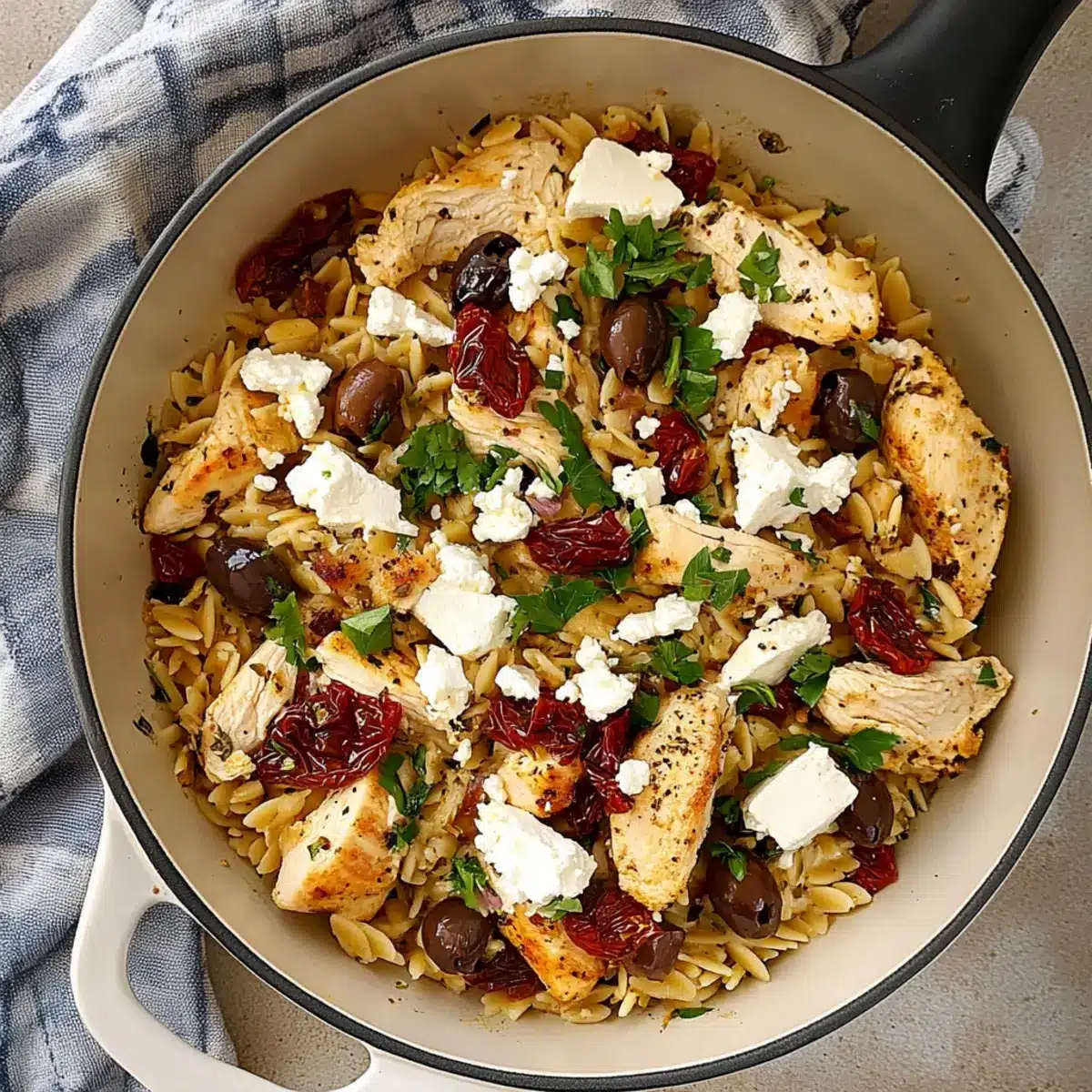 Mediterranean Chicken and Orzo Skillet