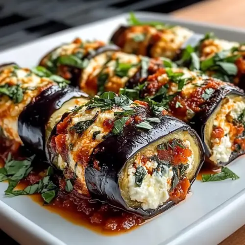 Eggplant and ricotta rolls with herbs and sun-dried tomato sauce