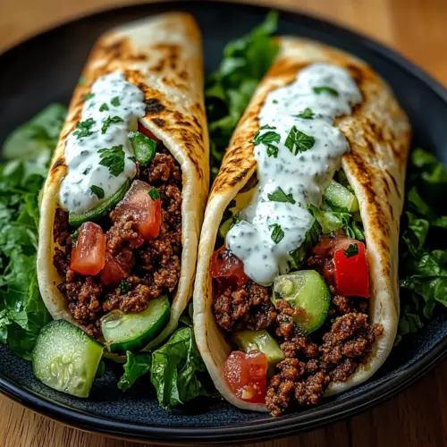 Mediterranean Ground Beef Pita Wraps with Garlic Yogurt Sauce