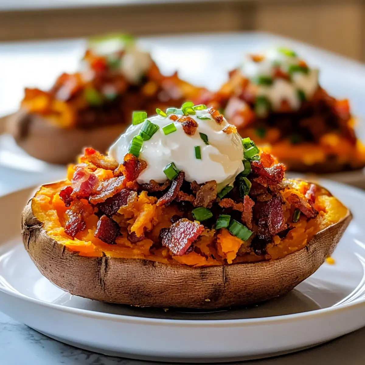 Loaded Baked Sweet Potatoes with Beef Bacon & Sour Cream