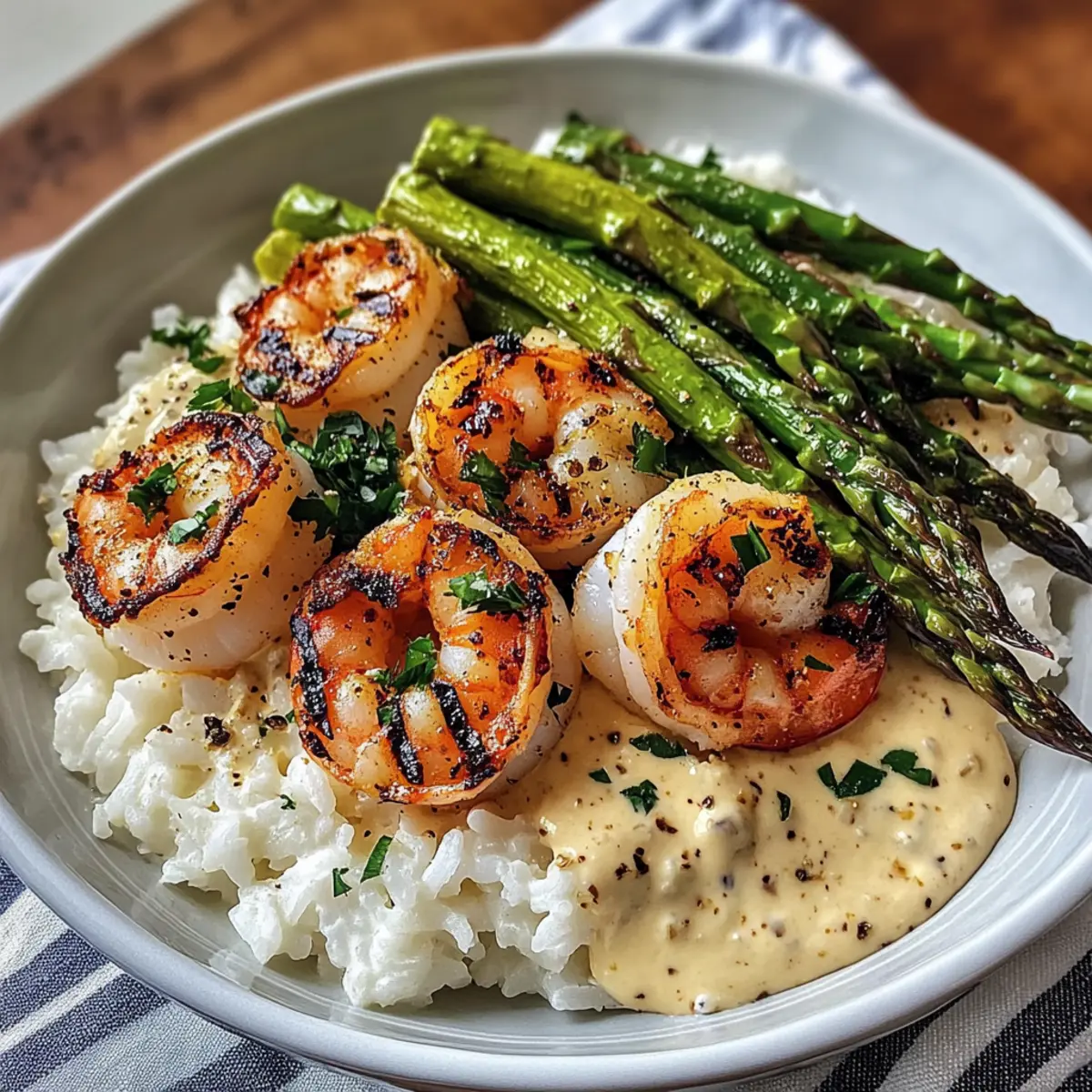 Grilled Shrimp Bowl with Asparagus & Creamy Garlic Sauce