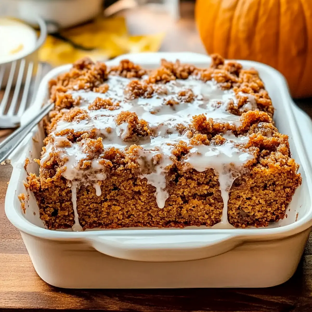 Pumpkin Coffee Cake with Crumble Topping and Sweet Vanilla Glaze